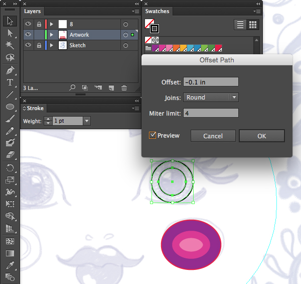 object path offset path circle ellipse tool inches round joins preview adobe illustrator