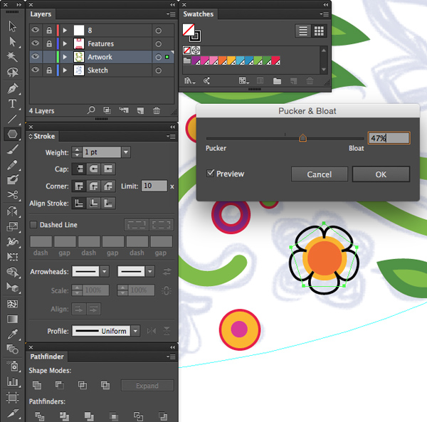 Effect Distort  Transform Pucker  Bloat adobe illustrator polygon tool percentage create flowers