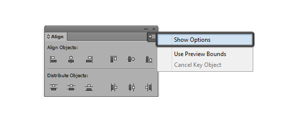 align panel show options dropdown