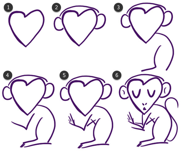 Draw the monkey starting with a heart