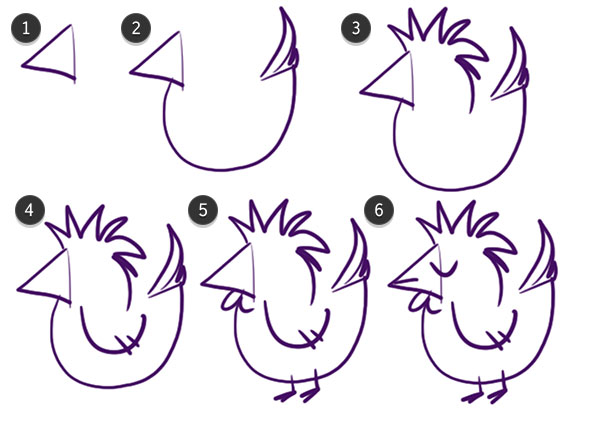 Drawing the rooster from an assortment of triangles and curves