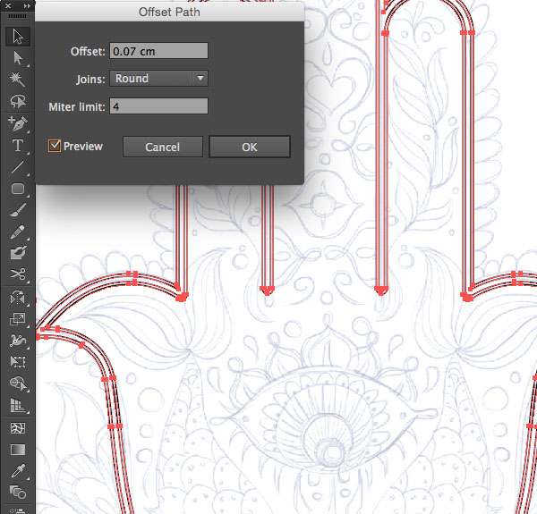 repeat shape path offset object join round miter hand path reflect path anchor point segment vector rounded rectangle illustrator Hand of Mariam Fatima  Hand Khamsa Hamesh sketch illustration miss chatz artwork pen blue fish hand palm eye flower pattern heart design tshirt scan copy background mirror horizontal 