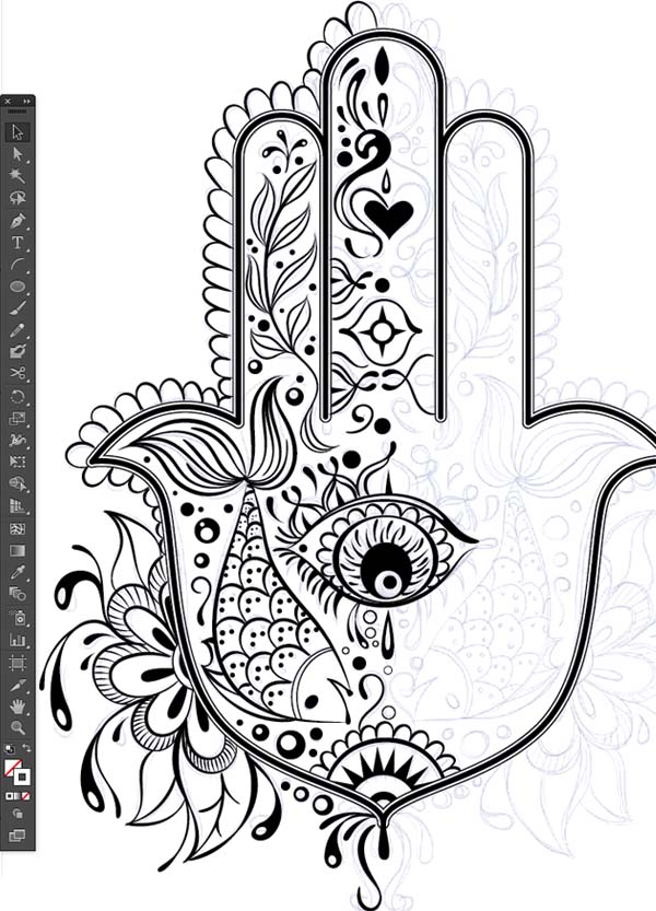 pen tool stroke design pattern half Hand of Mariam Fatima  Hand Khamsa Hamesh sketch illustration miss chatz artwork pen blue fish hand palm eye flower pattern heart design tshirt photoshop sketch half pattern