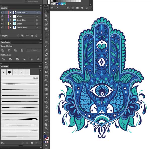 final piece layers 4 color sepearations design Hand of Mariam Fatima  Hand Khamsa Hamesh sketch illustration miss chatz artwork pen blue fish hand palm eye flower pattern heart design tshirt photoshop sketch half pattern