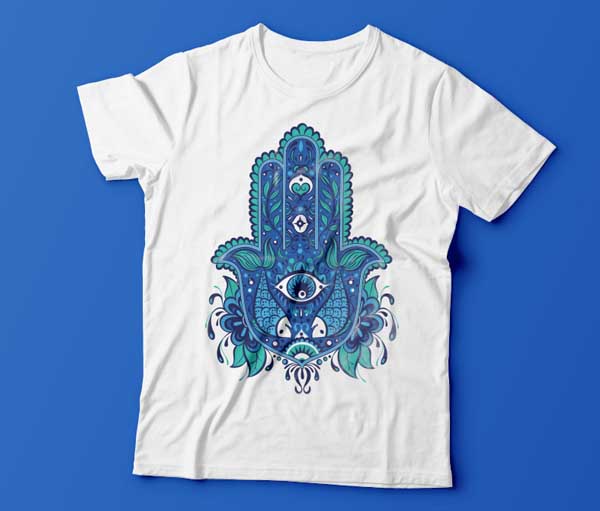 tshirt final mockup print design Hand of Mariam Fatima  Hand Khamsa Hamesh sketch illustration miss chatz artwork pen blue fish hand palm eye flower pattern heart design tshirt photoshop sketch half pattern