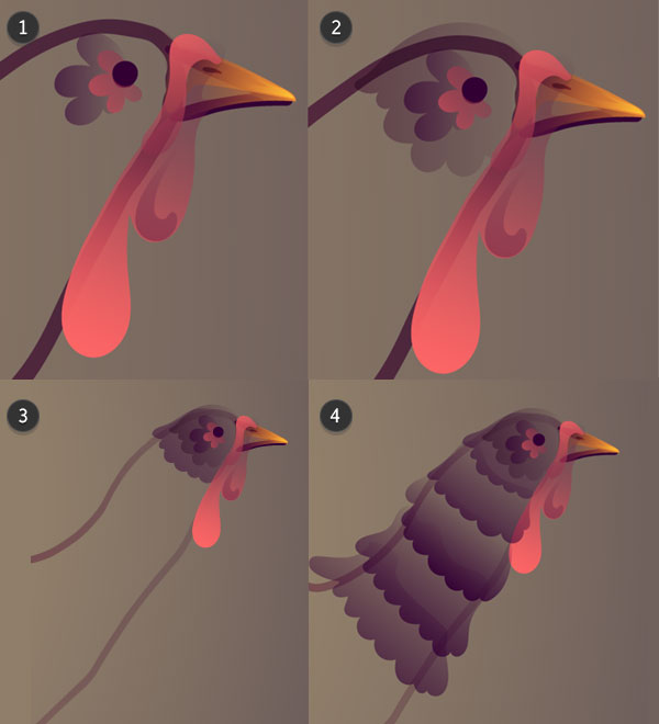 Draw the turkeys head and neck feathers