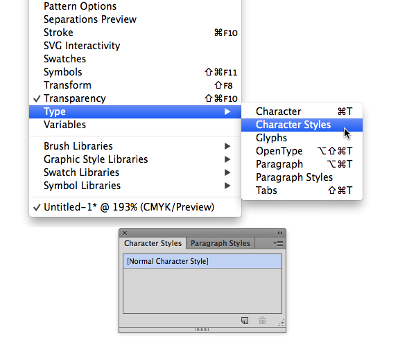 character styles panel