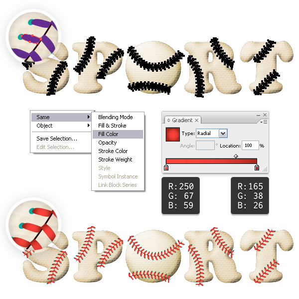 Color the baseball stitches