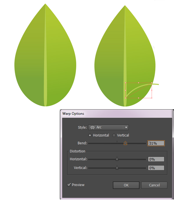 add leaf veins with lines and warp arc effect