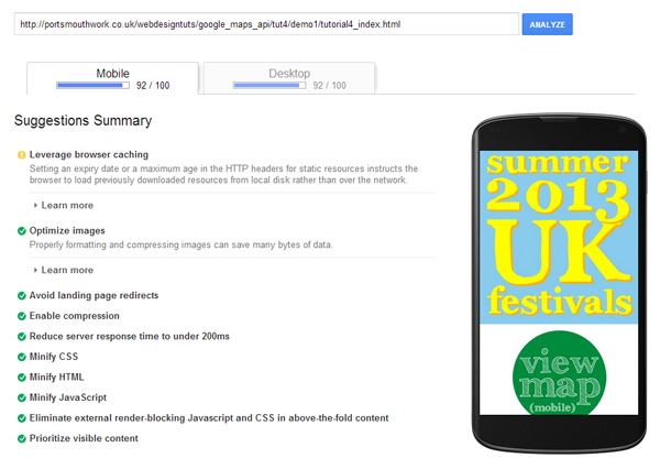 Analyzing the loading speed of the website using Google Pagespeed