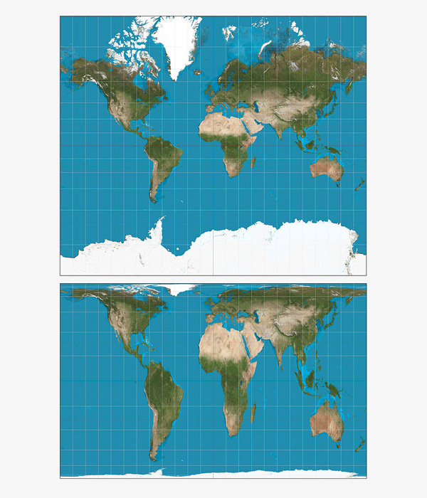 Mercator projection top and the GallPeters projection bottom create a quite different two dimensional maps