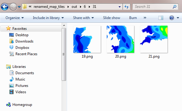 Some of the tiles generated These are zoom level 6 the x position is 31 and the y position is the name of each file