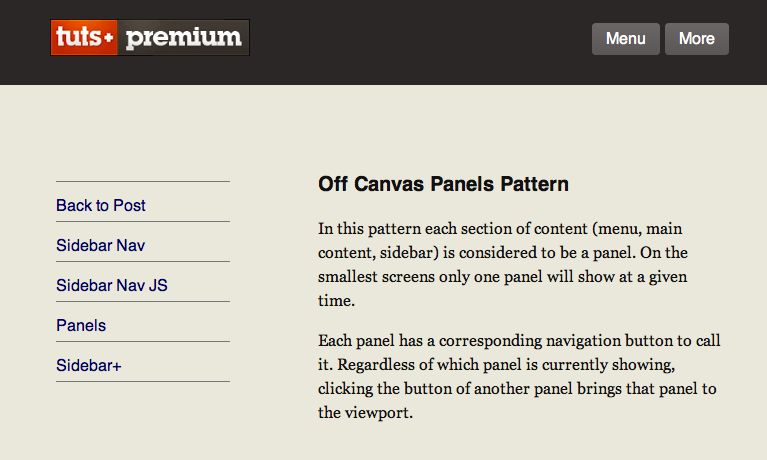 The menu and content panels visible by on medium screens