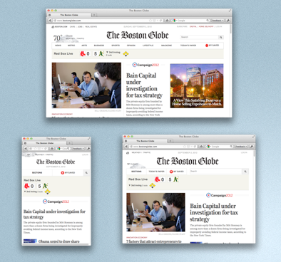 Screenshot of the Boston Globe at three different widths