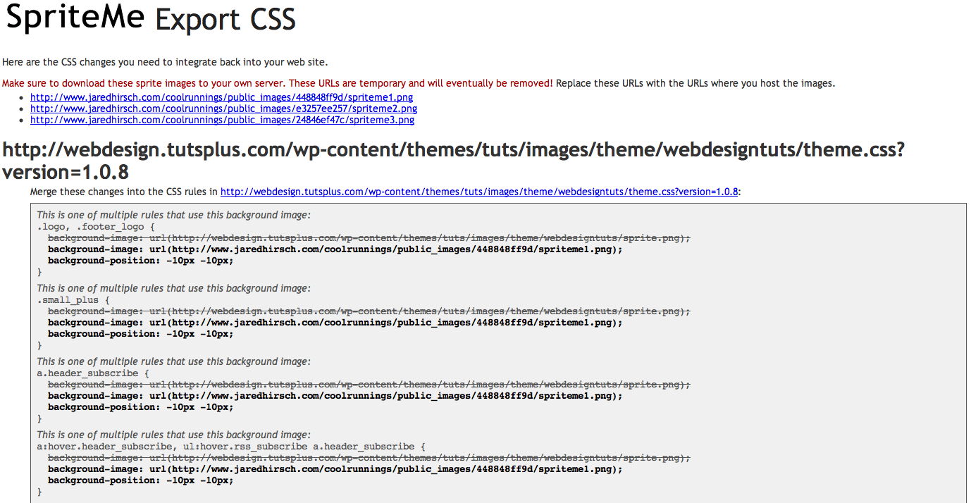 SpriteMe's Export CSS Page