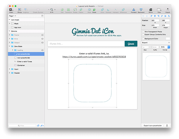 Screenshot of outputing icon placeholder in sketch