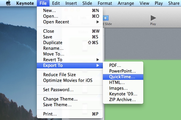 To export the video select File  Export To  Quicktime