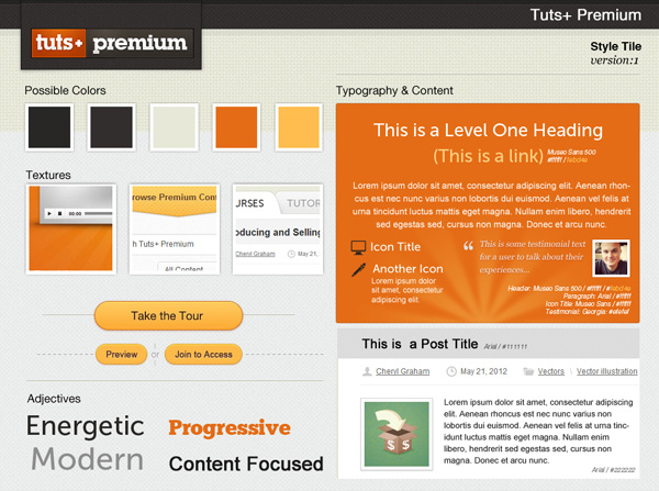 A Style Tile Representation of Envatos Tuts Premium Website
