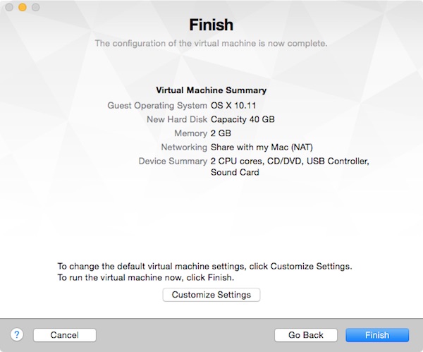 VMware shows the configuration of the virtual machine Click Finish to complete