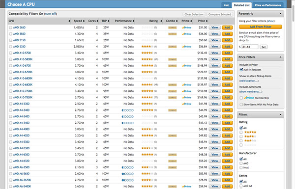 pcpartpicker cpu selection