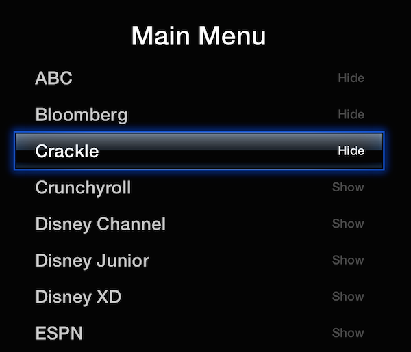 Hide unwanted channels or icons on the AppleTV