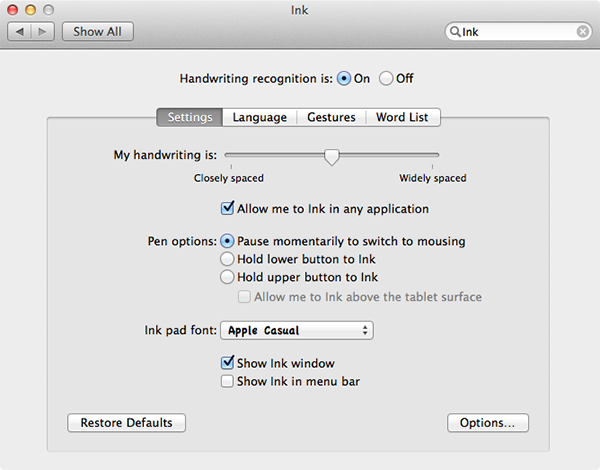 Enabling Handwriting Recognition in System Preferences