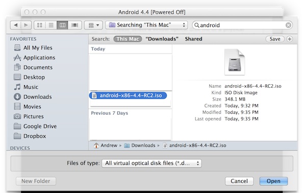 Selecting the Android ISO youd like to install to the newly created virtual machine 