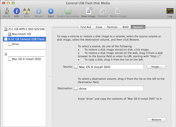 Restoring the Mac OS X install DVD to your USB drive 