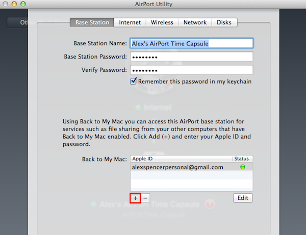 Adding iCloud credentials to your Time Capsule