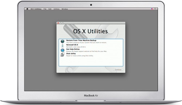 The OS X Utilities screen rather than your own desktop signifies youve booted into your Macs recovery partition