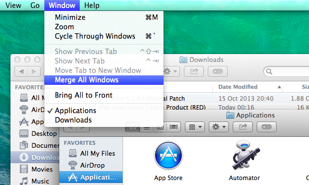 Merging and de-merging windows in Finder is super simple.