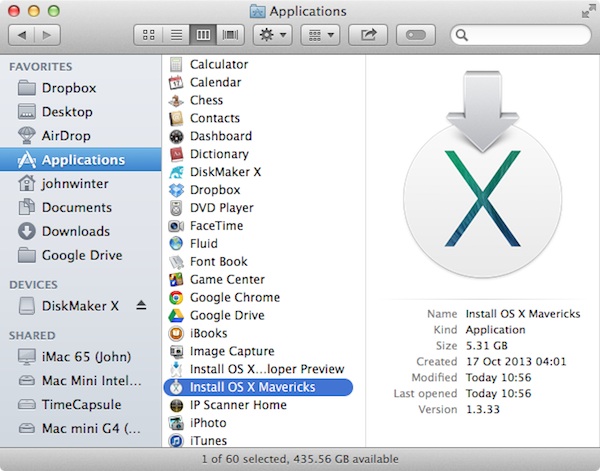 Locating the Mavericks installer In Finder