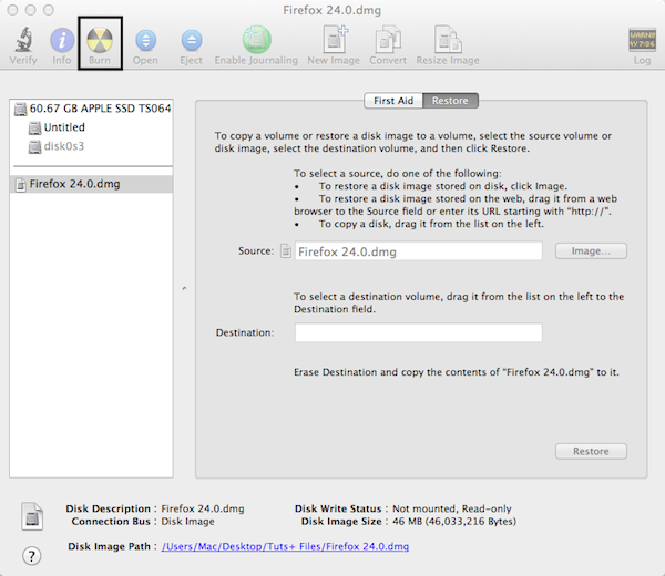 To burn a DMG file to a CD or DVD, mount the disk image to Disk Utility, select it, and then click Burn.