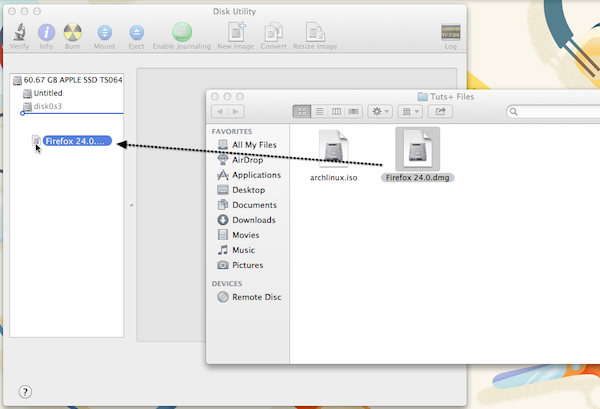 To mount a DMG disk image in OS X, simply drag-and-drop it to the left sidebar of Disk Utility.