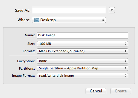 When creating a disk image, you'll be given the option to choose the size, format, partition type, and whether or not you want to encrypt the image.