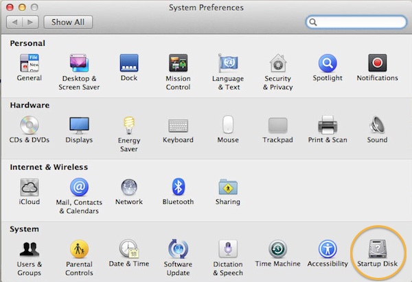 Selecting the start-up disc from System Preferences