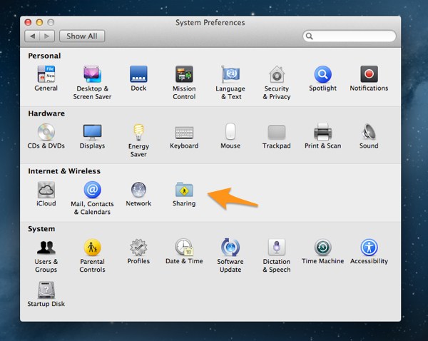 Sharing preferences are customised via System Preferences