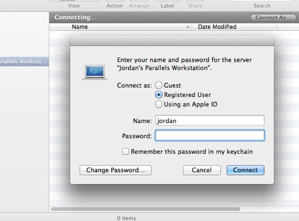 Using the Connect As... button, we can attempt to log in as a user of the remote Mac.