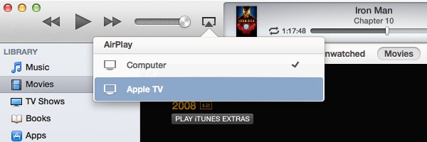 The AirPlay menu displays any AirPlay-enabled devices you will have on your network