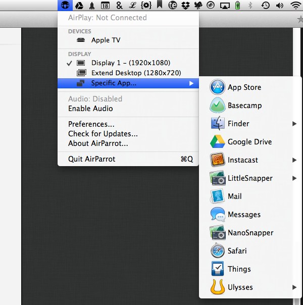 AirParrot is managed by a menu bar icon including any settings you may want to change