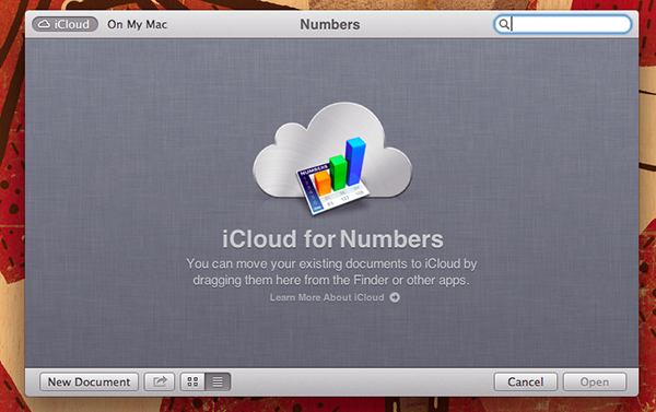 The splash screen of Numbers, showing the iCloud integration.