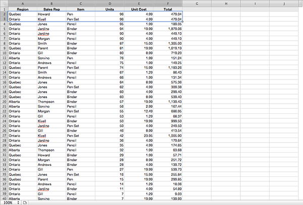 As you can see, my data has been sorted by the number of units sold. The highlighted section shows the top sales reps. 