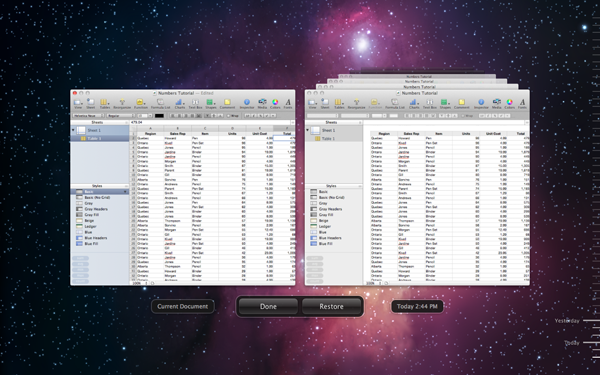 The Versions view within Numbers.