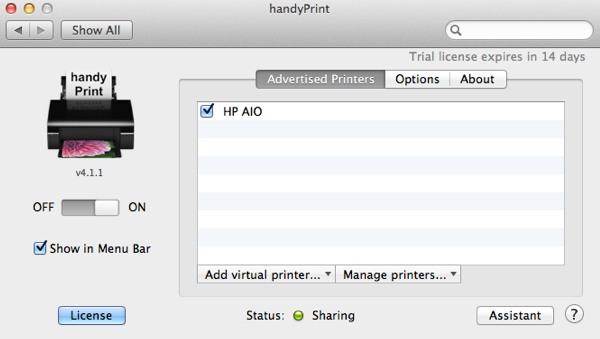 Once you enable handyPrint, any attached printers will be displayed for iOS devices to use