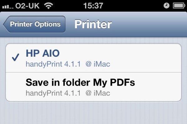 Similar to Printopia, handyPrint also displays folders as printers in iOS