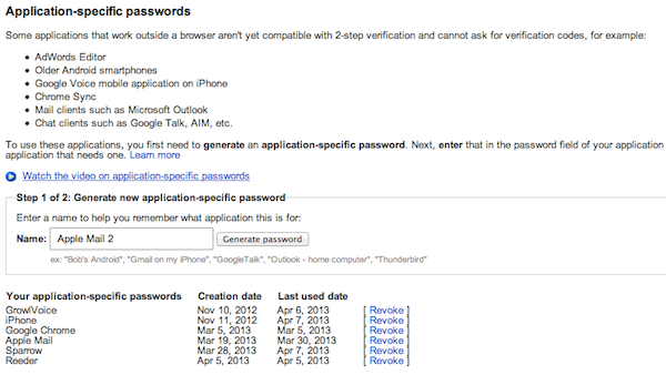 Generating a new application-specific password for Apple Mail.