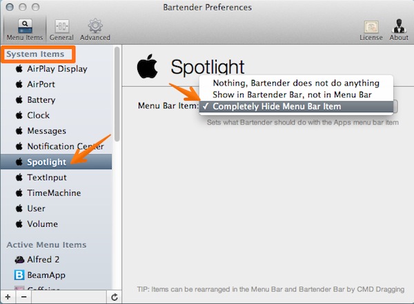 Hide an OS X system icon or move it to the Bartender bar