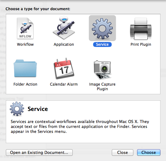 Creating a new Service workflow in Automator