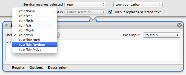 Selecting Python as the scripting language for the "Run Shell Script" action