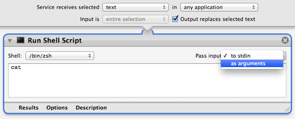 Choosing to have the input passed into our "Run Shell Script" action as arguments